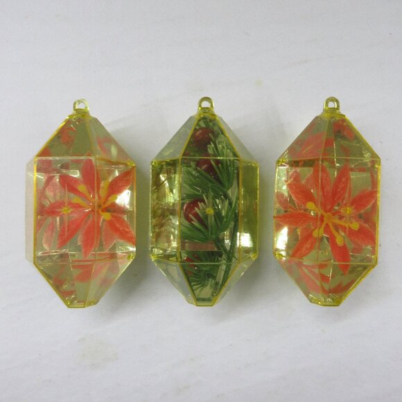 3 Jewel Brite Diorama Reflector Hexagon Gem Christmas Ornaments Poinsettia Holly - Picture 1 of 15